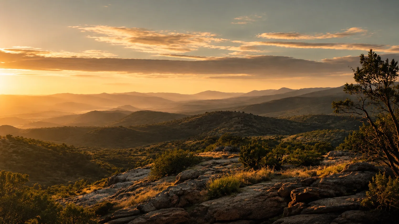 Golden-hour light over the Prescott National Forest near Stringfield at Granite Mountain